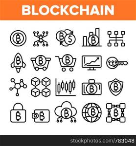 Blockchain Technology, Cryptocurrency Vector Linear Icons Set. Money Online Transaction, Blockchain. Banking, E-Payment Outline Symbols Pack. Bitcoin Mining E-Commerce Isolated Contour Illustrations. Blockchain Technology, Cryptocurrency Vector Linear Icons Set
