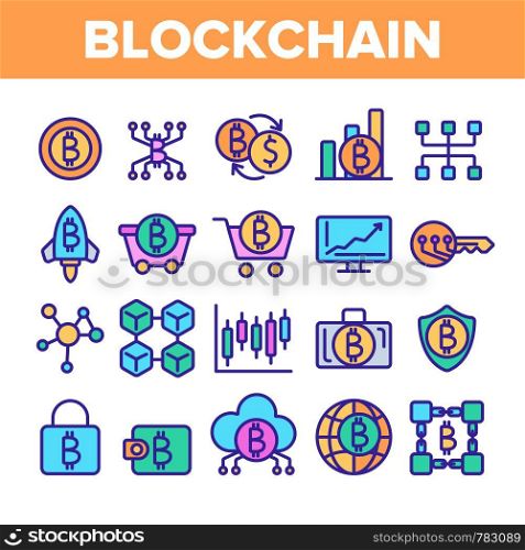 Blockchain Technology, Cryptocurrency Vector Linear Icons Set. Money Online Transaction, Blockchain. Banking, E-Payment Outline Symbols Pack. Bitcoin Mining E-Commerce Isolated Contour Illustrations. Blockchain Technology, Cryptocurrency Vector Linear Icons Set