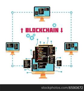 Blockchain technology design concept showing communication between system customers involved in transaction process flat vector illustration  . Blockchain Technology Design Concept