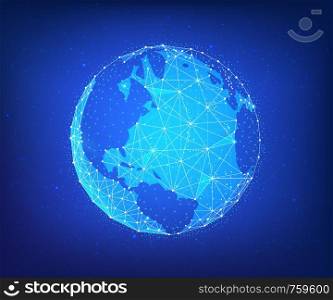 Blockchain technology futuristic hud background with world globe and blockchain polygon peer to peer network. Global cryptocurrency fintech business banner concept. Low poly vector design.. Blockchain technology futuristic hud banner with world globe.