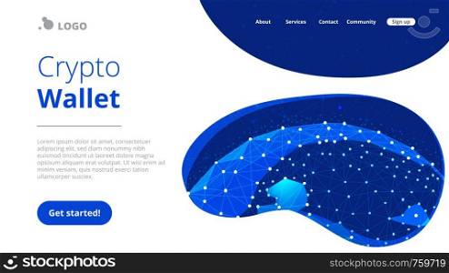 Blockchain technology futuristic landing page hero image with world globe and blockchain polygon peer to peer network. Global cryptocurrency fintech business banner concept. Low poly vector design.. Blockchain technology futuristic hud banner with world globe.