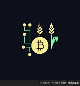 Blockchain technology in agriculture RGB color icon for dark theme. Innovative payment. Smart agriculture. Isolated vector illustration on night mode background. Simple filled line drawing on black. Blockchain technology in agriculture RGB color icon for dark theme