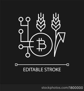 Blockchain technology in agriculture white linear icon for dark theme. Innovative payment option. Thin line customizable illustration. Isolated vector contour symbol for night mode. Editable stroke. Blockchain technology in agriculture white linear icon for dark theme