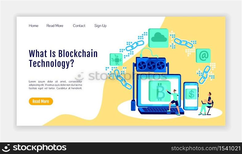 Blockchain technology landing page flat color vector template. Cryptography homepage layout. Bitcoin wallet one page website interface with cartoon illustration. Cryptocurrency web banner, webpage. Blockchain technology landing page flat color vector template