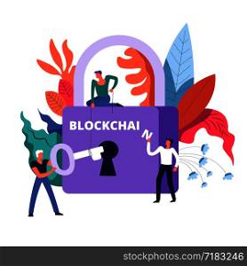 Blockchain technology lock and workers holding key vector. Males working on improvement of technical side of cryptocurrencies and bitcoins. Cryptocurrency workers technicians and decorative foliage. Blockchain technology lock and workers holding key vector