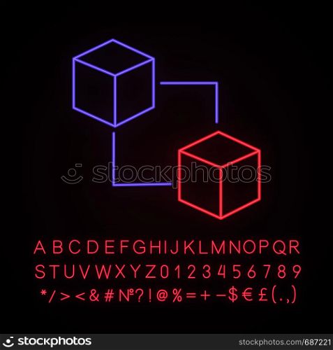 Blockchain technology neon light icon. Cryptocurrency. Fintech. E-commerce. Connected cubes. Glowing sign with alphabet, numbers and symbols. Vector isolated illustration. Blockchain technology neon light icon