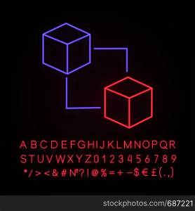 Blockchain technology neon light icon. Cryptocurrency. Fintech. E-commerce. Connected cubes. Glowing sign with alphabet, numbers and symbols. Vector isolated illustration. Blockchain technology neon light icon