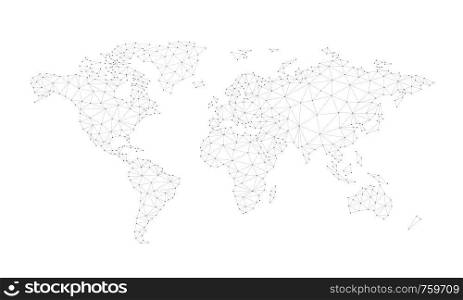 Blockchain technology network polygon world map isolated on white background. Network, fintech business, e-commerce, bitcoin trading and global cryptocurrency blockchain business banner concept vector. Blockchain polygon network world map isolated on white.