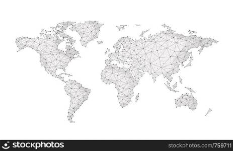 Blockchain technology network polygon world map isolated on white background. Network, fintech business, e-commerce, bitcoin trading and global cryptocurrency blockchain business banner concept vector. Blockchain polygon network world map isolated on white.