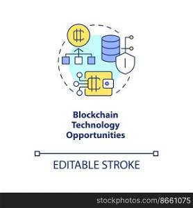 Blockchain technology opportunities concept icon. Financial safety. Cryptocurrency abstract idea thin line illustration. Isolated outline drawing. Editable stroke. Arial, Myriad Pro-Bold fonts used . Blockchain technology opportunities concept icon