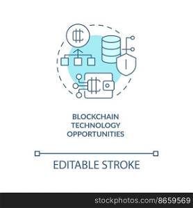 Blockchain technology opportunities turquoise concept icon. Cryptocurrency abstract idea thin line illustration. Isolated outline drawing. Editable stroke. Arial, Myriad Pro-Bold fonts used . Blockchain technology opportunities turquoise concept icon