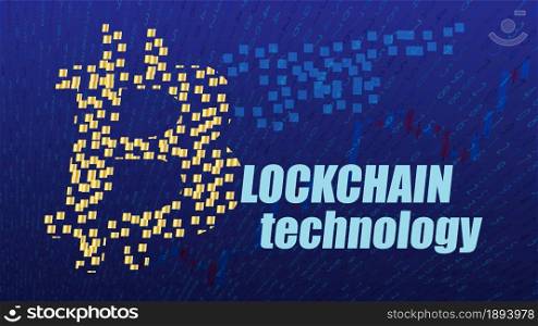 Blockchain technology text on blue digital background with a golden bitcoin logo made of blocks. Numbers on the background. Template for websites, news or articles. Vector EPS 10.