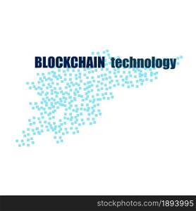 Blockchain technology text with flying blocks isolated on white. Blue blocks and a dark inscription. Website Design Element. Vector EPS 10.