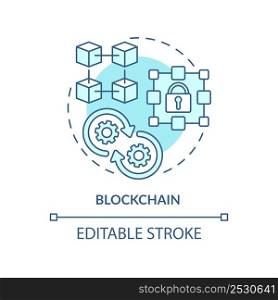 Blockchain turquoise concept icon. Highest paying freelance skill abstract idea thin line illustration. Encrypted data. Isolated outline drawing. Editable stroke. Arial, Myriad Pro-Bold fonts used. Blockchain turquoise concept icon