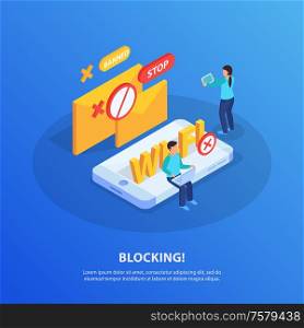 Blocking electronic devices ip addresses from wifi network isometric background composition with laptop tablet users vector illustration