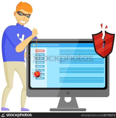 Blocking hacker attack. Hacker breaks into computer. Cyber attacker trying to hack computer. Breaking system, virus, cracking software, cartoon vector isolated. Hacking PC protection system. Hacker breaks into computer. Cyber attacker trying to hack PC. Breaking system, cracking software