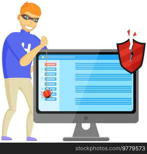 Blocking hacker attack. Hacker breaks into computer. Cyber attacker trying to hack computer. Breaking system, virus, cracking software, cartoon vector isolated. Hacking PC protection system. Hacker breaks into computer. Cyber attacker trying to hack PC. Breaking system, cracking software