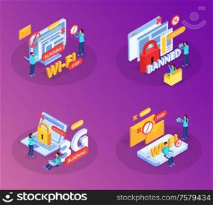 Blocking internet websites users devices from wifi network concept 4 isometric compositions with lock symbols vector illustration