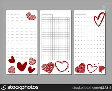 Blocks for notes and lists with hand drawn hearts. List and note on paper with red heart. Vector illustration. Blocks for notes and lists with hand drawn hearts