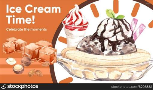 Blog banner template with sundae ice cream concept, watercolor style 