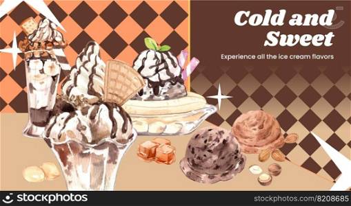 Blog banner template with sundae ice cream concept, watercolor style
