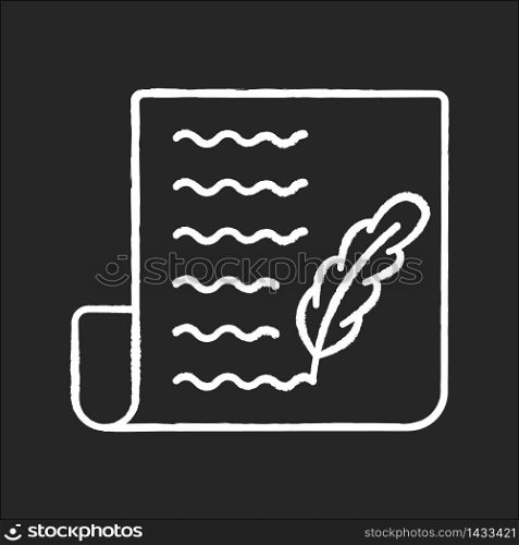 Blog chalk white icon on black background. Writing personal diary. Feather pen symbol on sheet of paper. Quill on page. Personal diary. Novel manuscript. Isolated vector chalkboard illustration. Blog chalk white icon on black background