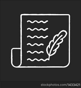 Blog chalk white icon on black background. Writing personal diary. Feather pen symbol on sheet of paper. Quill on page. Personal diary. Novel manuscript. Isolated vector chalkboard illustration. Blog chalk white icon on black background