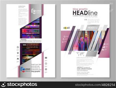 Blog graphic business templates. Page website design template, abstract vector layout. Glitched background made of colorful pixel mosaic. Digital decay, signal error, television fail. Trendy glitch backdrop.