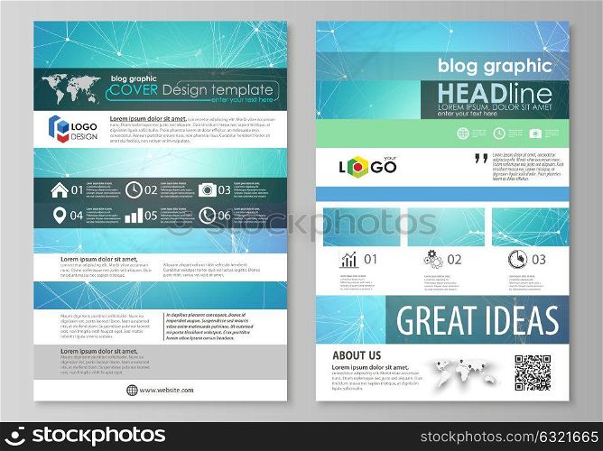 Blog graphic business templates. Page website design template, abstract vector layout. Chemistry pattern, connecting lines and dots, molecule structure, medical DNA research. Medicine concept.. Blog graphic business templates. Page website design template, easy editable abstract vector layout. Chemistry pattern, connecting lines and dots, molecule structure, medical DNA research. Medicine concept.