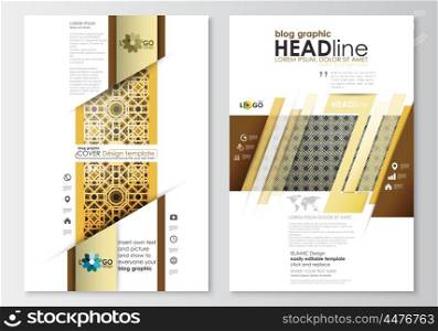 Blog graphic business templates. Page website design template, easy editable, abstract flat layout. Islamic gold pattern, overlapping geometric shapes forming abstract ornament. Vector golden texture.