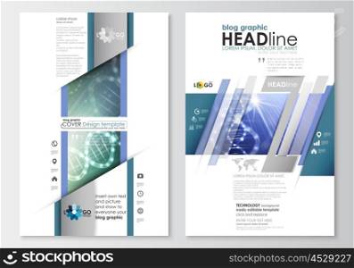 Blog graphic business templates. Page website design template, easy editable, abstract flat layout. DNA molecule structure, science background. Scientific research, medical technology.