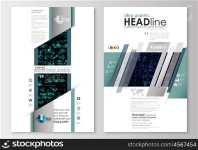 Blog graphic business templates. Page website design template, easy editable, abstract flat layout. Virtual reality, color code streams glowing on screen, abstract technology background with symbols.