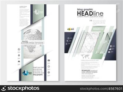Blog graphic business templates. Page website design template, easy editable, abstract flat layout. Dotted world globe with construction and polygonal molecules on gray background, vector illustration.