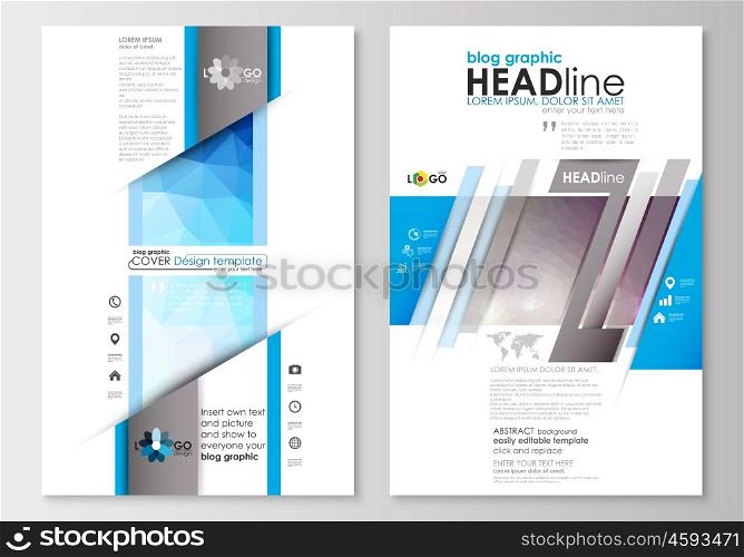 Blog graphic business templates. Page website design template, easy editable, abstract flat layout. Abstract triangles, blue triangular background, colorful polygonal pattern.