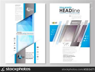 Blog graphic business templates. Page website design template, easy editable, abstract flat layout. Abstract triangles, blue triangular background, colorful polygonal pattern.