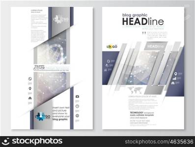 Blog graphic business templates. Page website design template, easy editable, abstract flat layout. DNA molecule structure on blue background. Scientific research, medical technology.