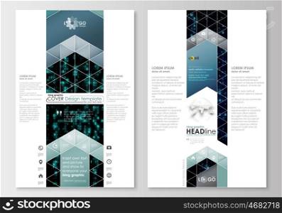 Blog graphic business templates. Page website design template, easy editable, abstract flat layout. Virtual reality, glowing blue color code streams, abstract technology background with symbols.