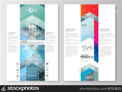 Blog graphic business templates. Page website design template, easy editable, abstract flat layout. Abstract triangles, blue triangular background, modern colorful polygonal vector.