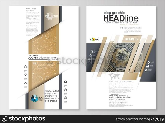 Blog graphic business templates. Page website design template, easy editable, abstract flat layout. Golden technology background, connection structure with connecting dots and lines, science vector.