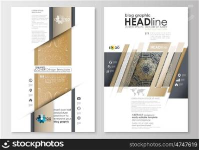Blog graphic business templates. Page website design template, easy editable, abstract flat layout. Golden technology background, connection structure with connecting dots and lines, science vector.