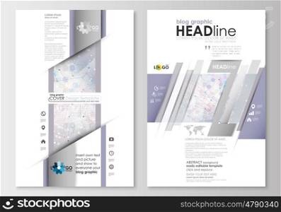 Blog graphic business templates. Page website design template, easy editable, abstract flat layout. Molecule structure on blue background. Science healthcare background, medical vector.