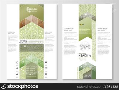 Blog graphic business templates. Page website design template, easy editable abstract flat layout, vector illustration. Green color background with leaves. Spa concept in linear style. Vector decoration for cosmetics, beauty industry.