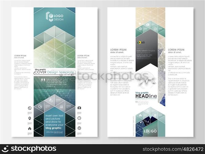 Blog graphic business templates. Page website design template, easy editable abstract flat layout, vector illustration. Chemistry pattern, hexagonal molecule structure. Medicine, science, technology concept.