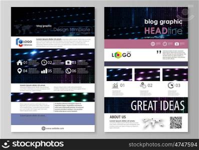 Blog graphic business templates. Page website design template, easy editable abstract vector layout. Abstract colorful neon dots, dotted technology background. Glowing particles, led light pattern, futuristic texture, digital vector design.