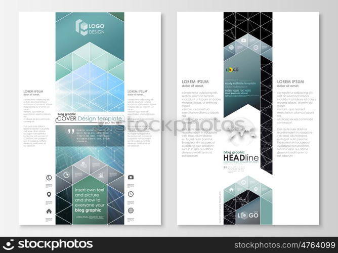 Blog graphic business templates. Page website design template, easy editable abstract vector layout. Chemistry pattern, hexagonal molecule structure. Medicine, science and technology concept