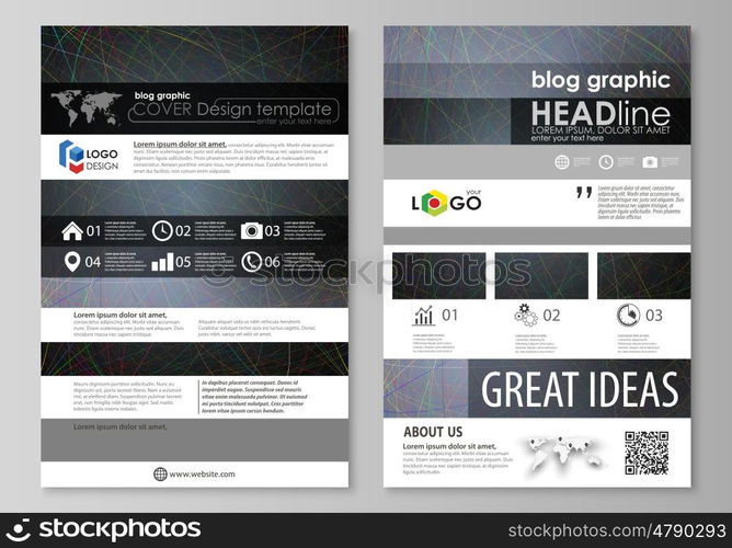 Blog graphic business templates. Page website design template, easy editable abstract vector layout. Colorful dark background with abstract lines. Bright color chaotic, random, messy curves. Colourful vector decoration.