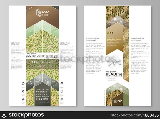 Blog graphic business templates. Page website design template, easy editable abstract vector layout. Abstract green color wooden design. Texture with leaves. Spa concept natural pattern in linear style. Vector decoration for fashion, cosmetics, beauty industry.