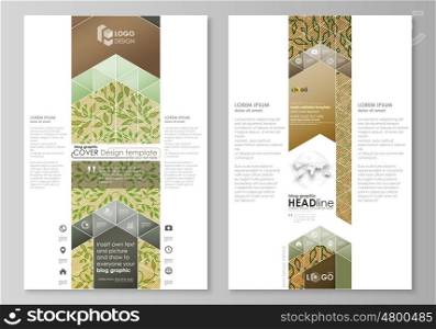 Blog graphic business templates. Page website design template, easy editable abstract vector layout. Abstract green color wooden design. Texture with leaves. Spa concept natural pattern in linear style. Vector decoration for fashion, cosmetics, beauty industry.