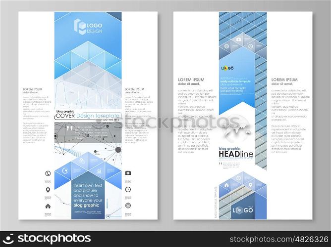 Blog graphic business templates. Page website design template, easy editable abstract vector layout. Blue color abstract infographic background in minimalist style made from lines, symbols, charts, diagrams and other elements.