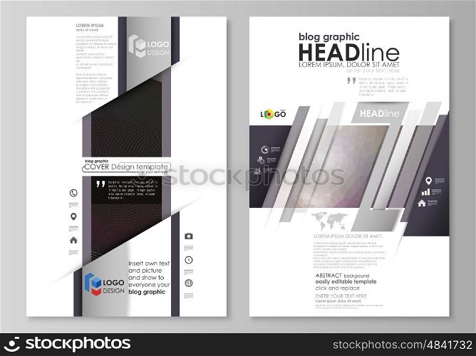 Blog graphic business templates. Page website design template, easy editable abstract vector layout. Dark color triangles and colorful circles. Abstract polygonal style modern background.